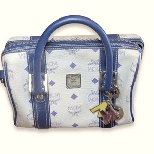 MCM Boston Bag Coated Canvas Leather in White / Navy with detachable strap